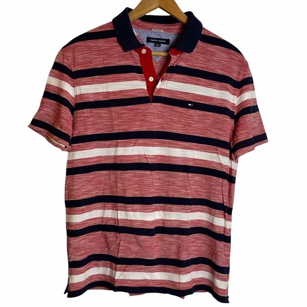 Tommy Hilfiger Polo Red White Black Stripes Cotton Golf Shirt Large L Preppy